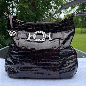 Brighton Glossy Brown Croc-Embossed Shoulder Bag